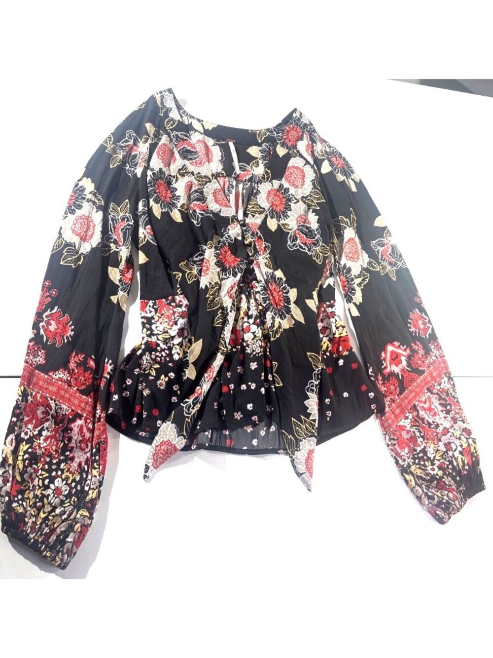 Free People Floral Boho Peasant Blouse Black Multicolor Long Sleeve S